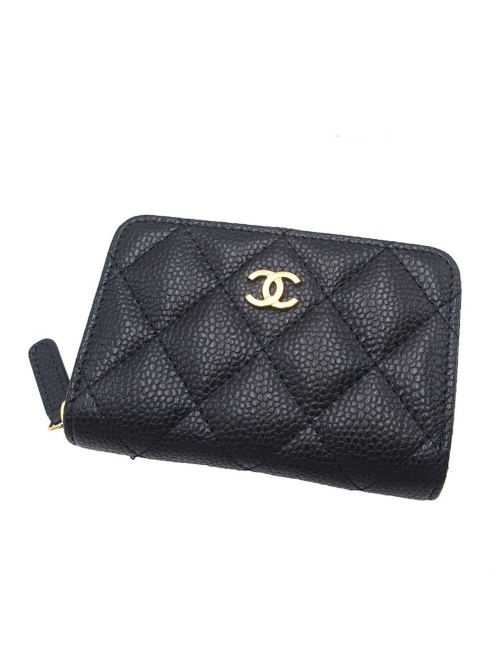 Chanel Classic Zip Coin Purse Caviar Leather Quilted CC Logo AP Black Gold